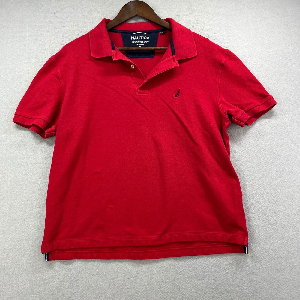 Nautica Polo Shirt Mens XL Red Cotton Slim Fit Preppy Golf True Deck